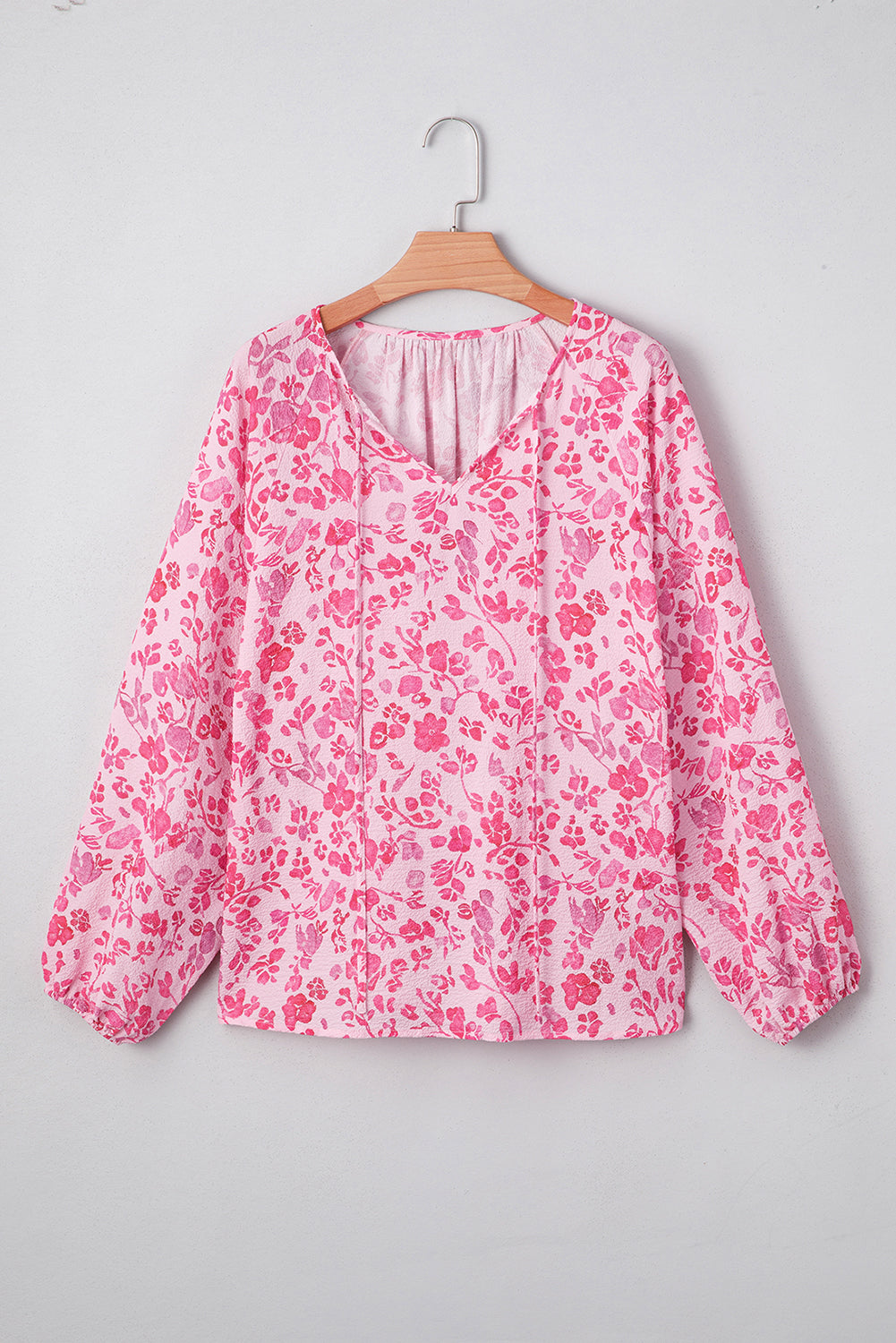Pink Floral Puff Sleeve Split Neck Blouse 5ea2e5cc82b32469
