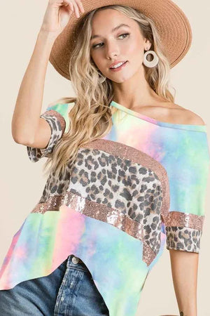 Tie Dye Terry Top with Leopard and Sequins Block PASTEL TIE DYE 5ea610403cd5443eac9571faa6f6cbe6-Max-Origin