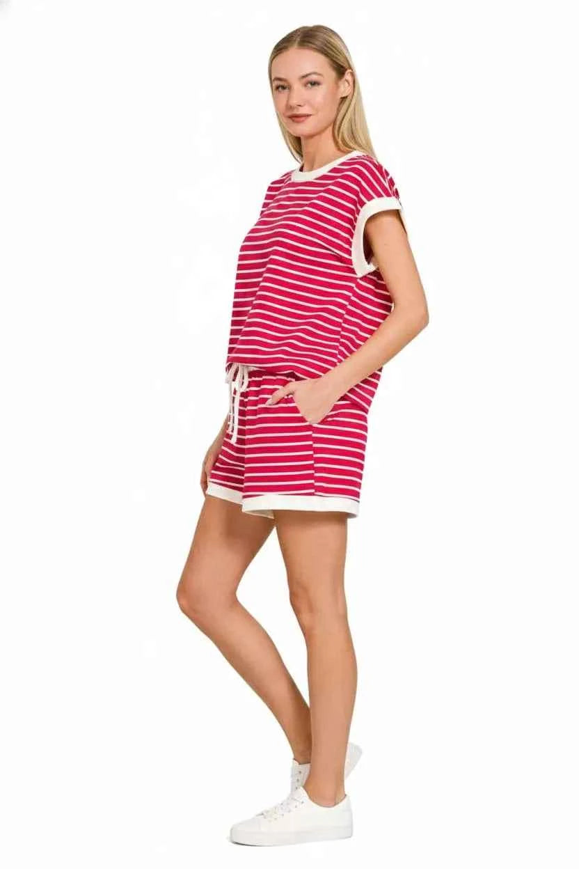 Zenana Stripe Contrast Trim Top & Shorts Set 5eaa668a-447f-4954-a243-16f162f73d2a-Max-Origin