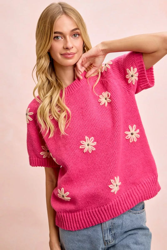 Flower Embroidered Short Sleeves Knit Top Fuchsia Lemon 5eb2a392-0c2d-448b-a8d4-d3f7ed574a13-Max-Origin