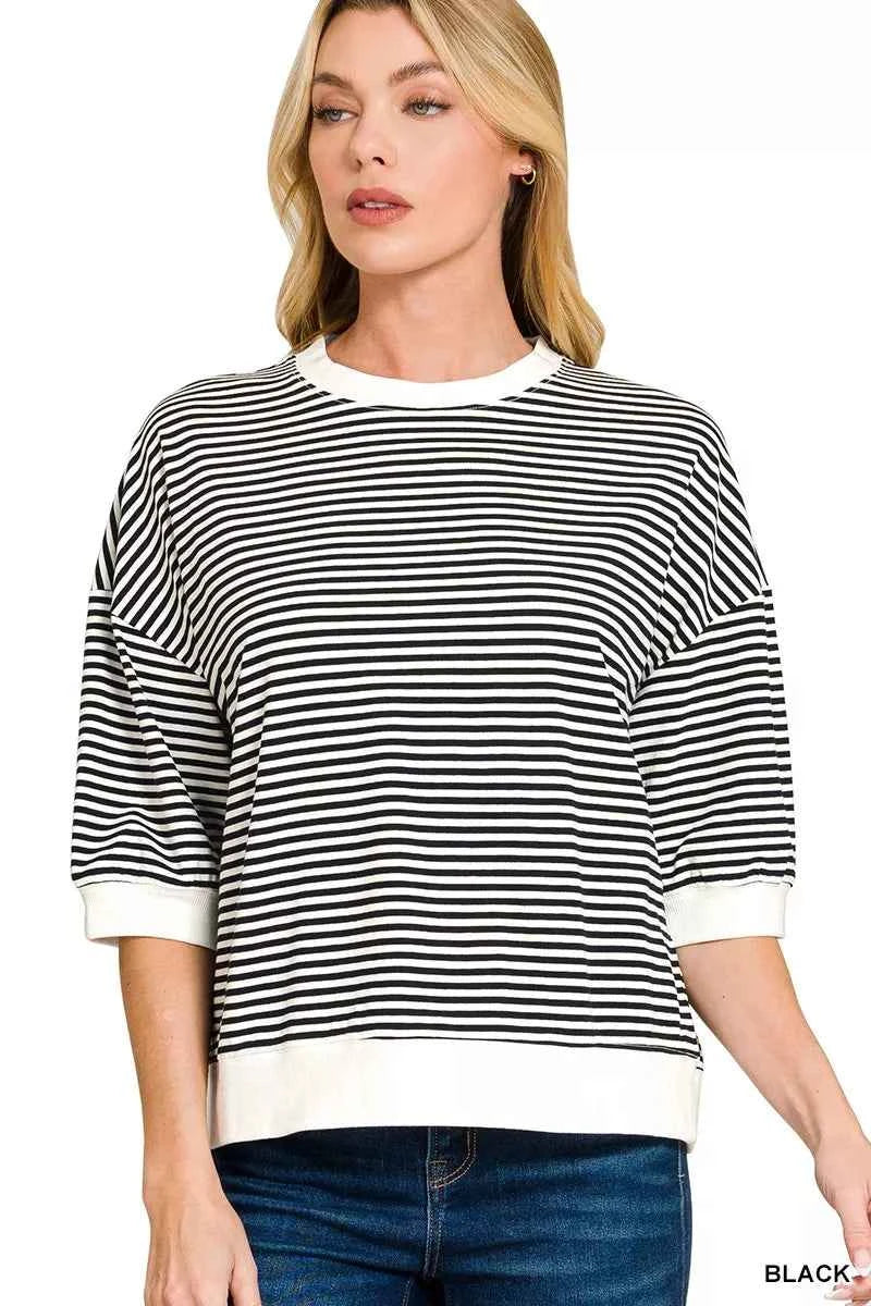 Zenana Striped Contrast Trim Banded Bottom Top BLACK 5eb571981171445ca4cb08897d130038-Max-Origin