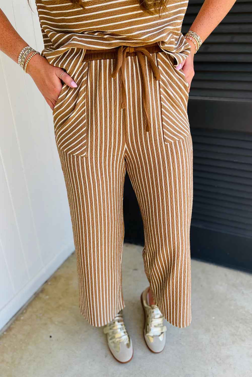 Khaki Stripe Crew Neck Tee Drawstring Waist Cropped Pants Set 5eb638259f2dc75f