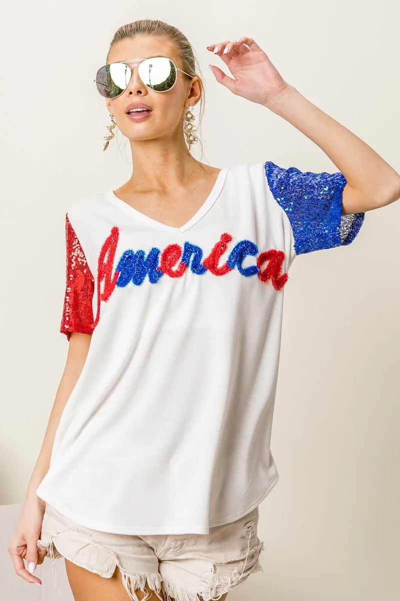 BiBi Metallic Letter V-neck Sequin Sleeves Top 5ebebd32fe084c818fa51170381729eb-Max-Origin