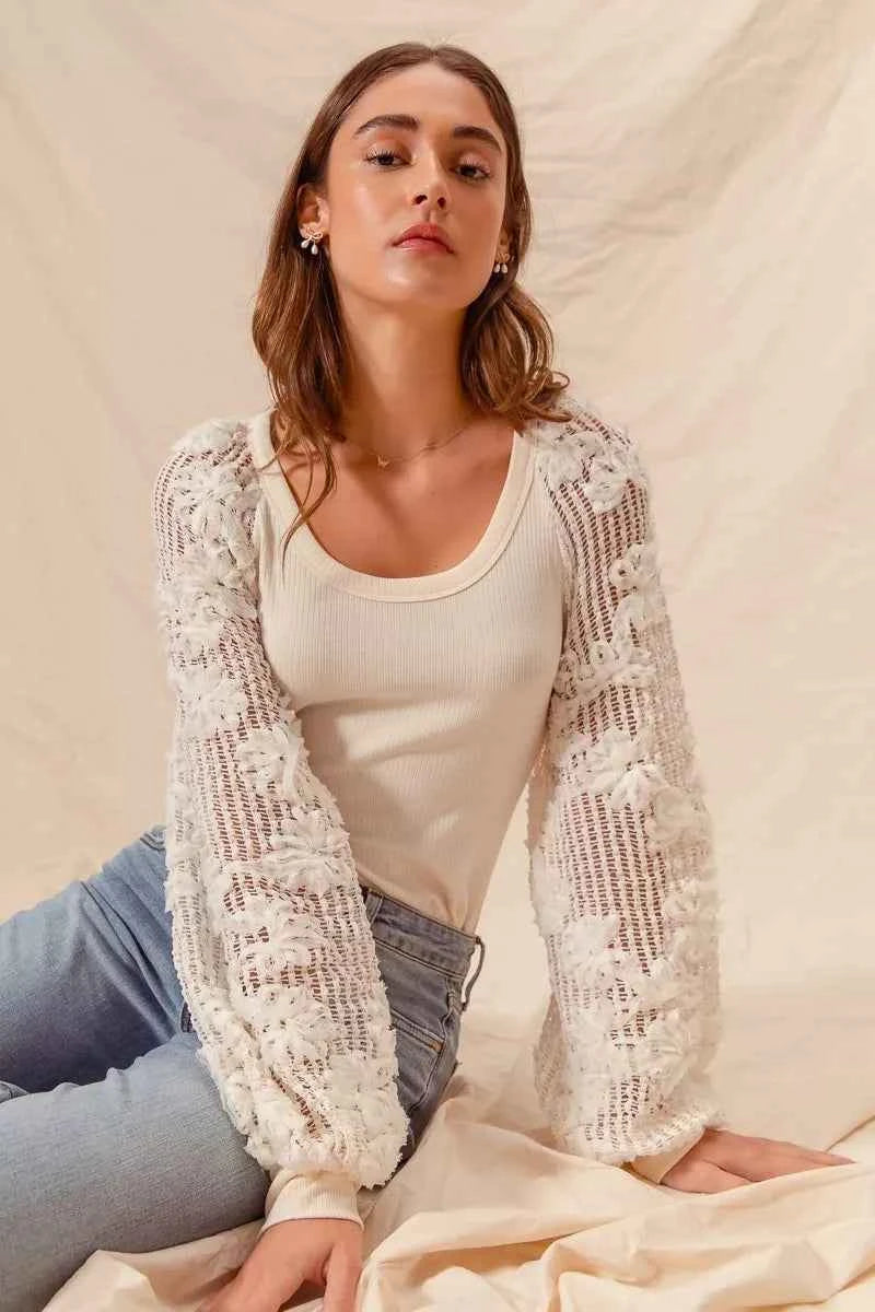 SO ME Rib Knit Top with Lace Balloon Sleeves 5ebf80f1bb0548c18aa658fc46dc4601-Max-Origin
