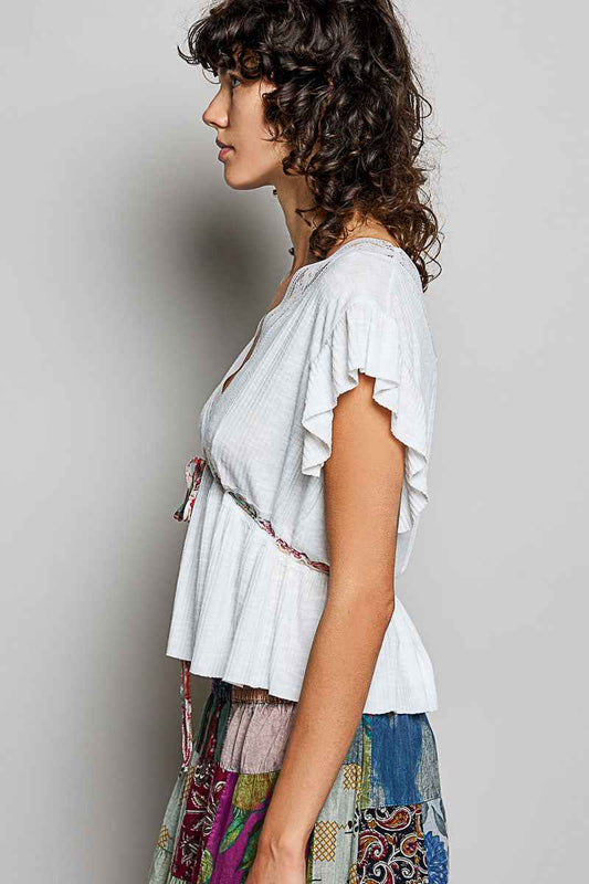 Tied Ruffled V-Neck Short Sleeve Blouse with Lace Detail 5ebffd52-d5b5-4df0-a45b-19e92cdddf62-Max