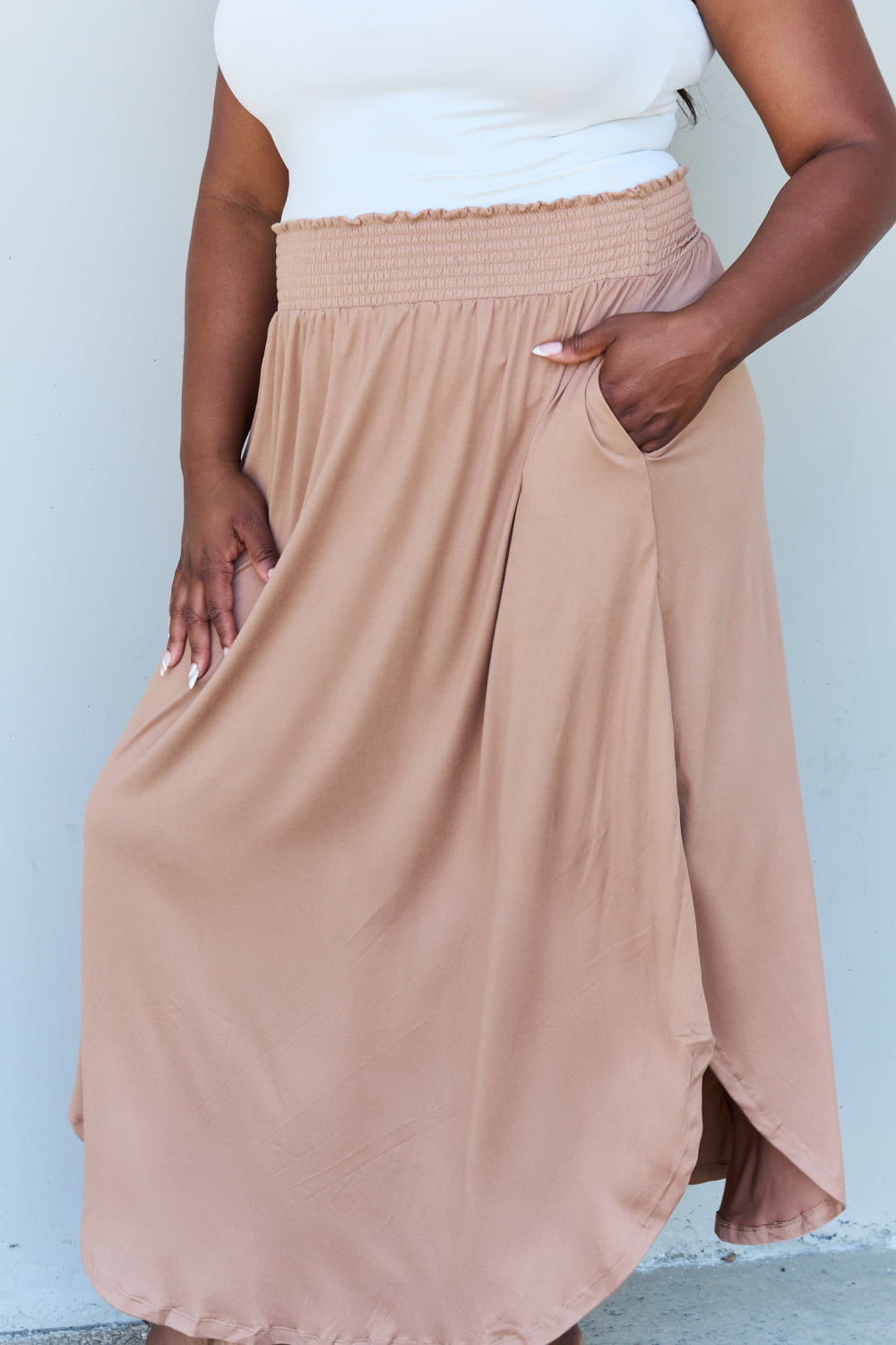 Doublju Comfort Princess Full Size High Waist Scoop Hem Maxi Skirt in Tan 5ec0721425024f9383a6df1e18c4bb06-Max