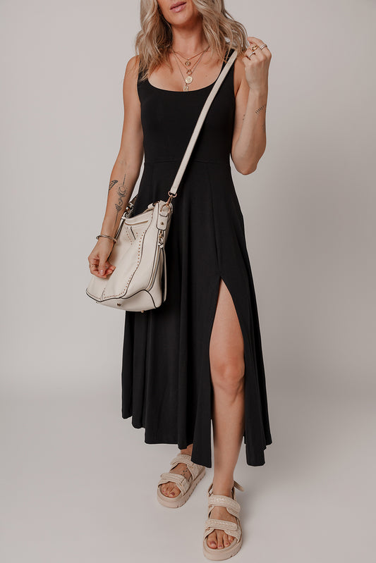 Black Sleeveless Scoop Neck Flared Split Midi Dress Black 95%Polyester+5%Elastane 5ec311f22a1301d7
