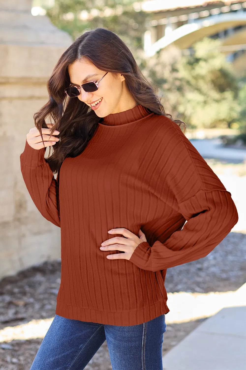 Basic Bae Full Size Ribbed Exposed Seam Mock Neck Knit Top Rust 5ec5997091e84537be287aa6c84c892d-Max