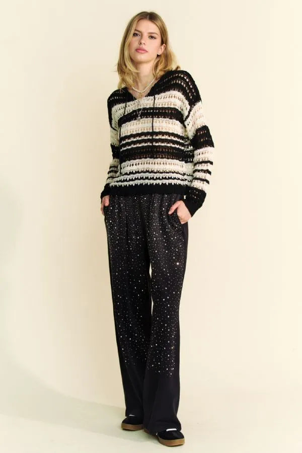 Davi & Dani Contrast Striped Crochet Drop Shoulder Knit Cover Up 5ec7706a-7a42-4741-a7d3-443499682df2-Max