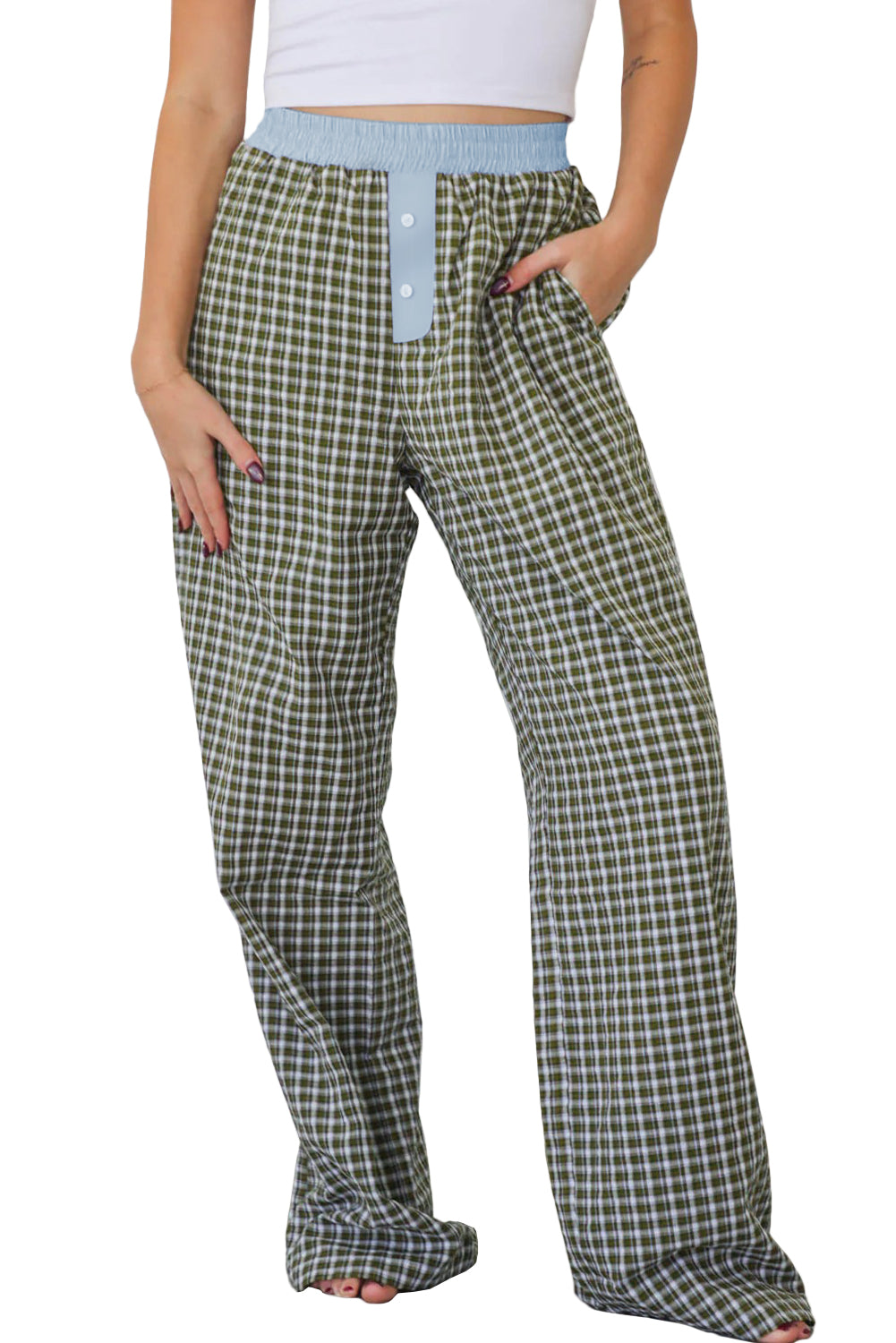 Brown Plaid Button High Waist Patchwork Pants Brown 65%Polyester+35%Cotton 5eccba340c6cc344