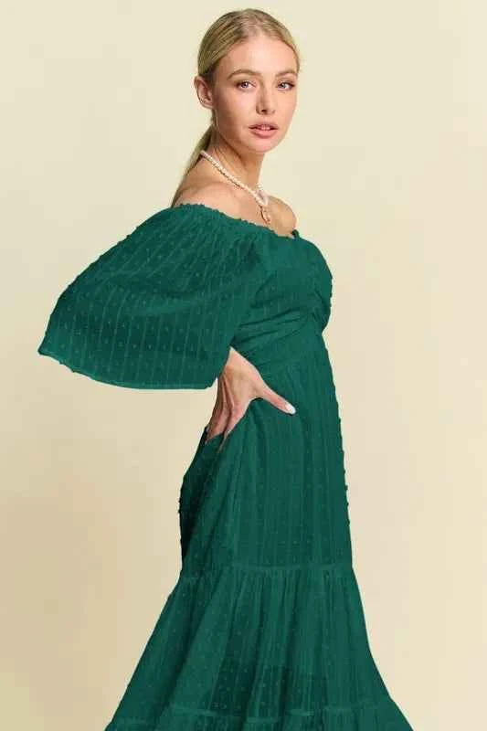 Davi & Dani Swiss Dotted Ruched Ruffle Open Back Midi Dress 5ecf6da64fbd42d8975b04148c4b520d-Max-Origin