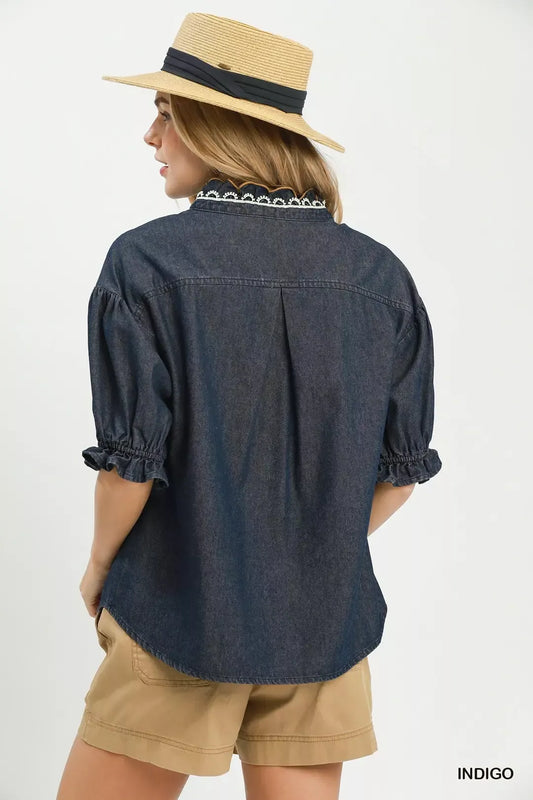 Chambray Scalloped Trim Button Front Blouse 5ed6eada-a051-46aa-97bb-513e84a7eb79-Max-Origin