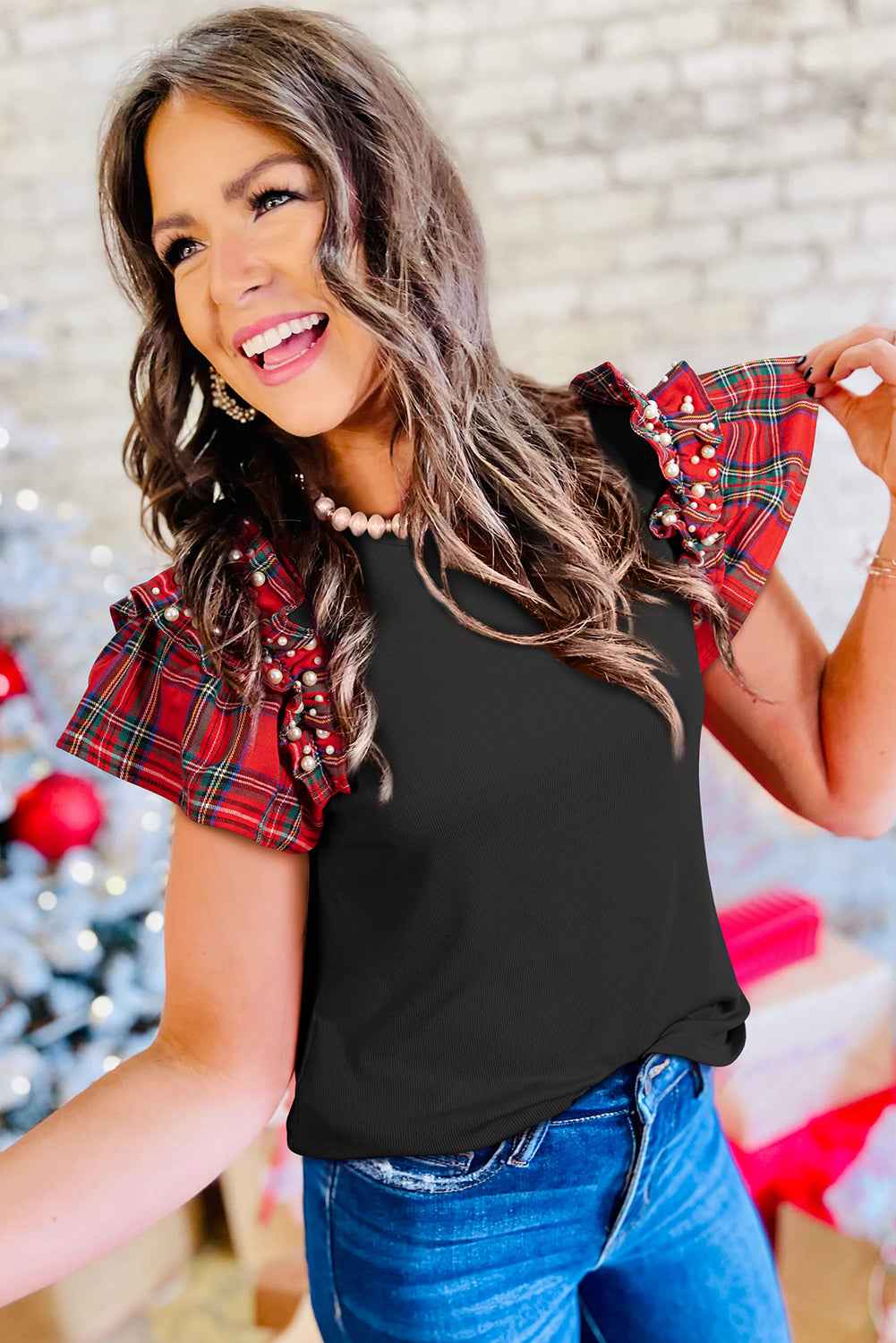 Racing Red Pearl Plaid Ruffle Sleeve Loose T Shirt 5edaac02a9915006