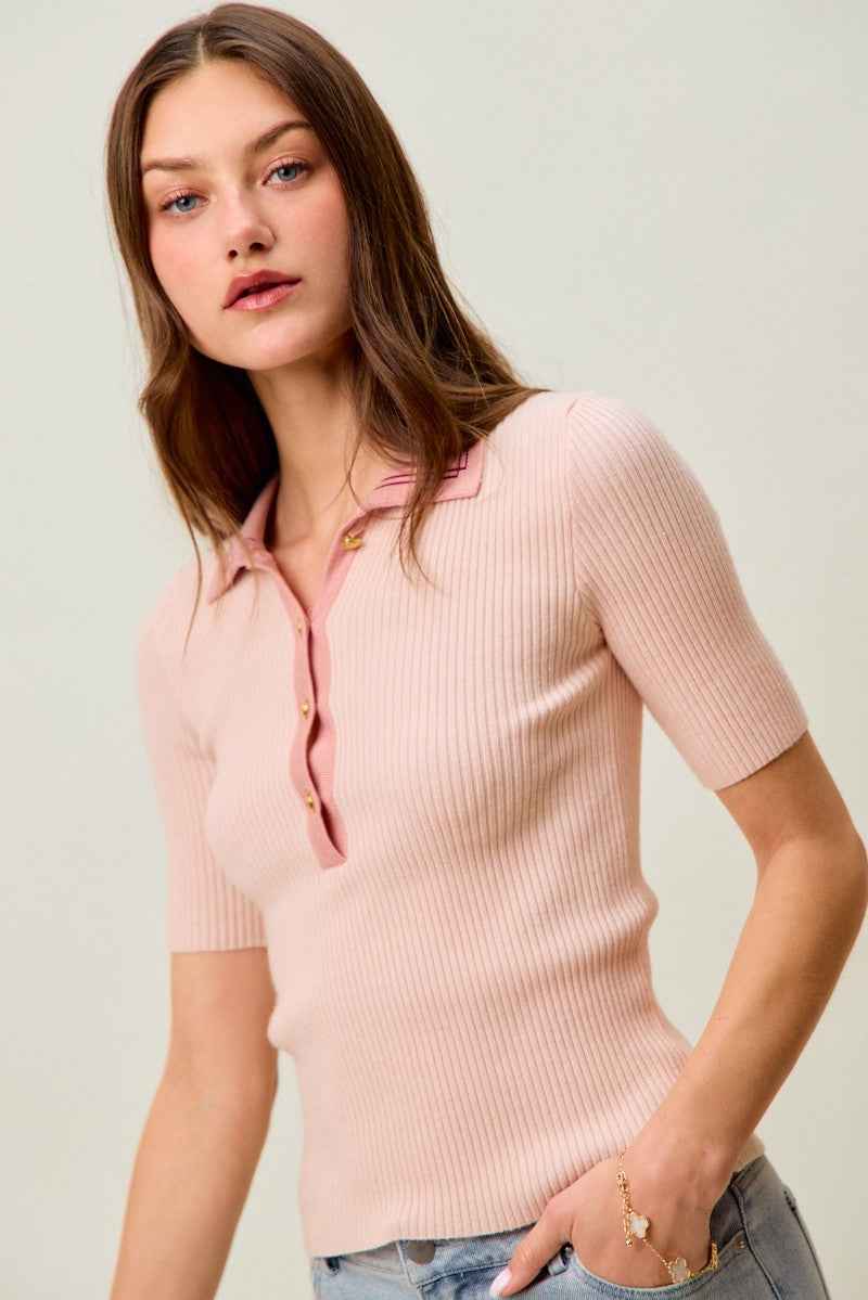 SO ME Contrast Collar Stretchy Rib Knit Short Sleeve Top 5edcc23995294bda8b076f0f2b07d02a-Max