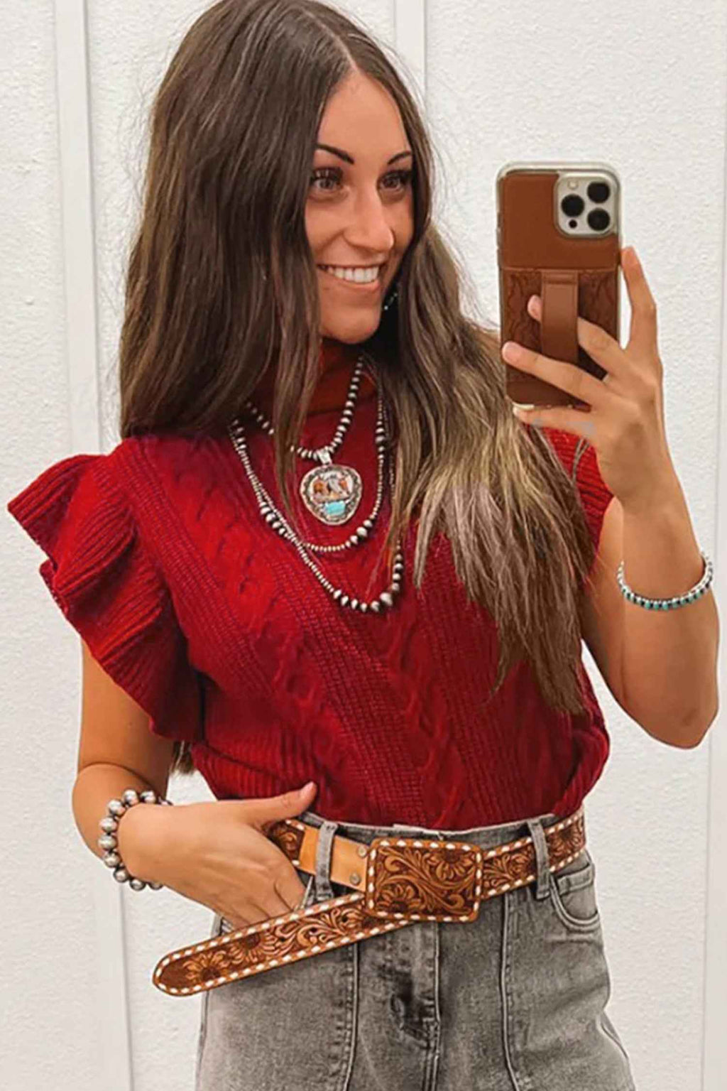 Tomato Red Cable Knit Turtleneck Ruffled Short Sleeve Sweater 5ede9aecd594bce3