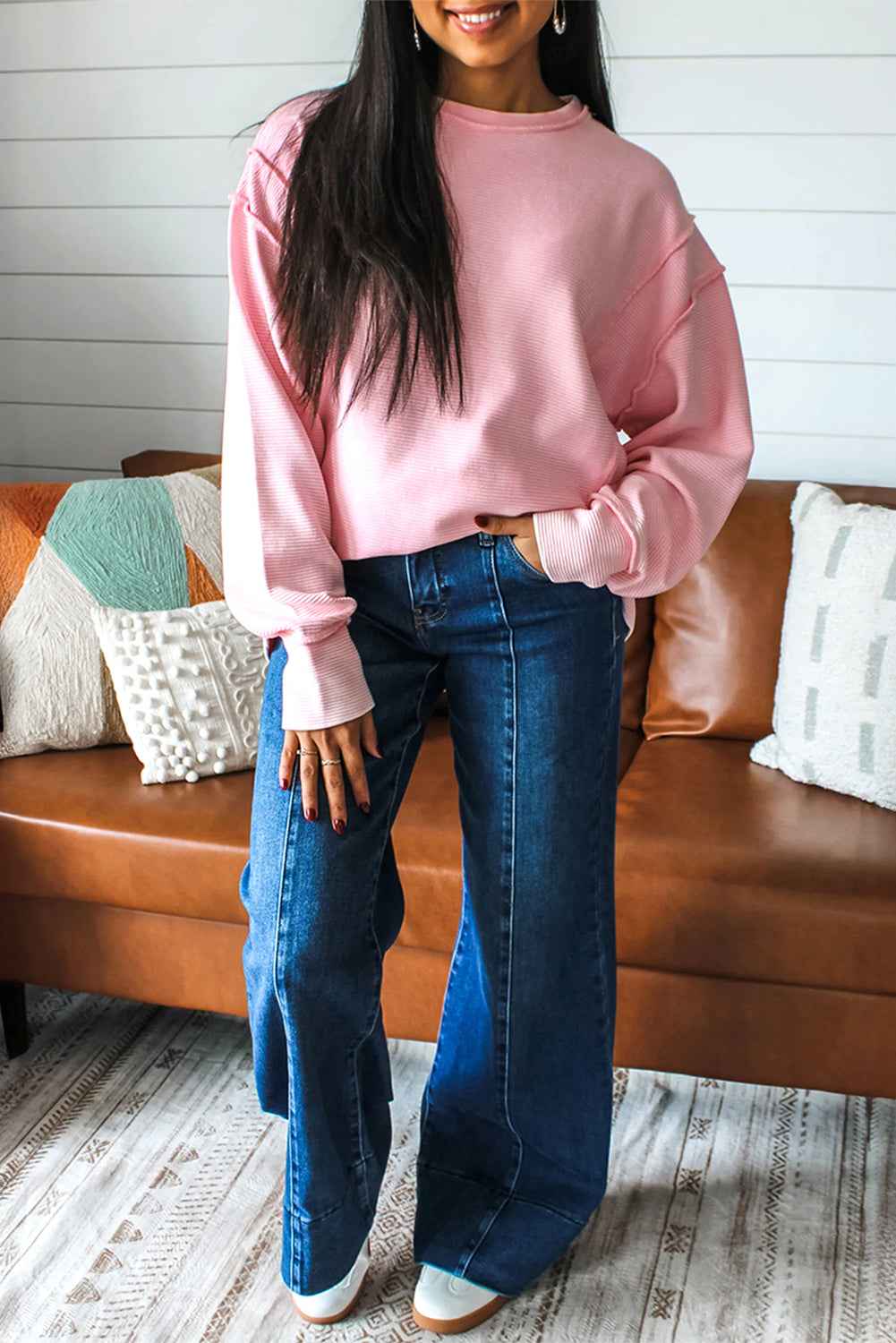 Pink Solid Color Exposed Seam Long Sleeve Top 5ee241a2bf873993