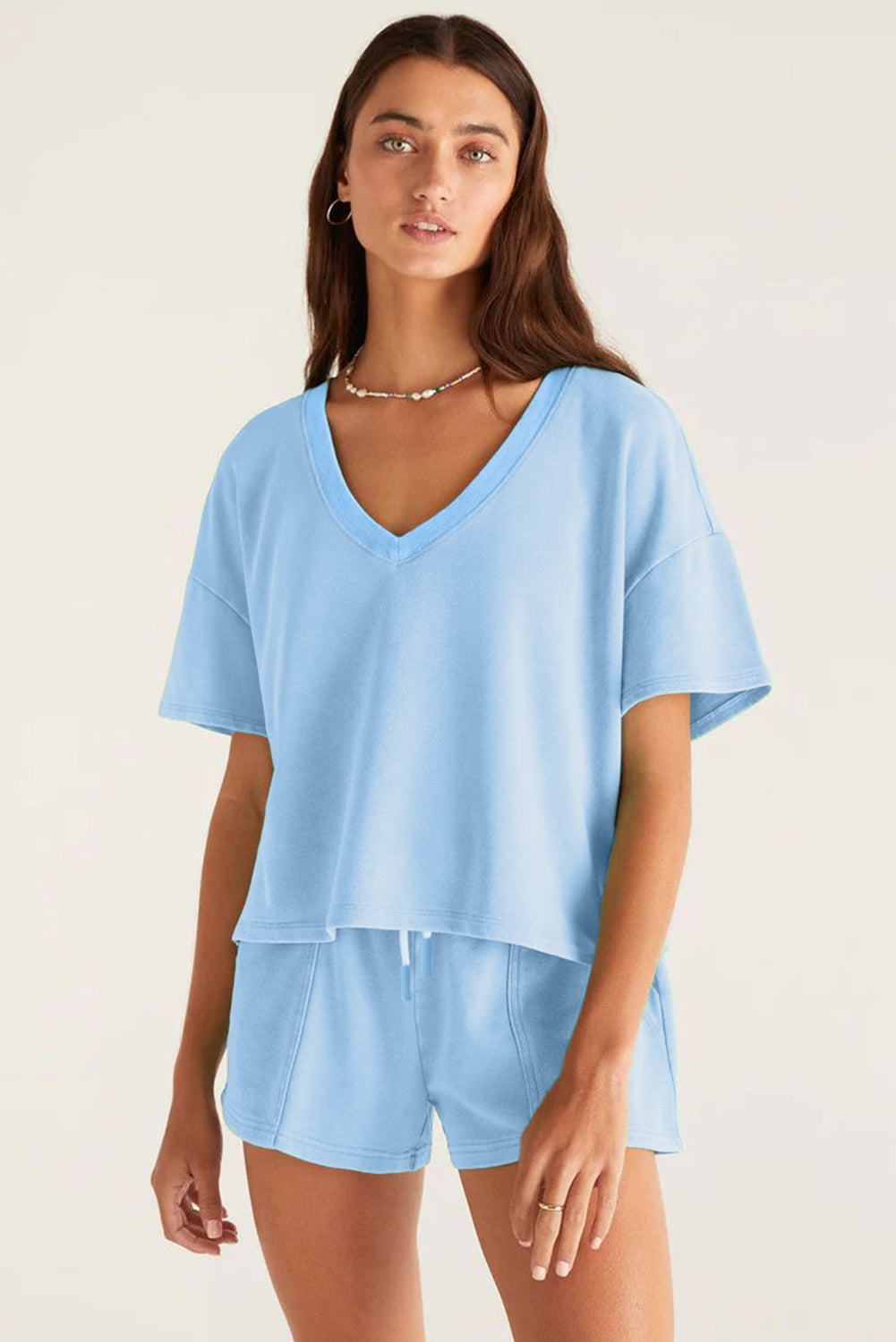Mint Green V Neck Drop Shoulder Tee and Patchwork Shorts Set 5ee29b4d9864739d