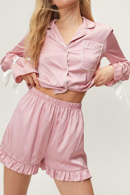 Basic Bae Tied Cuff Collared Neck Top and Frill Shorts Lounge Set