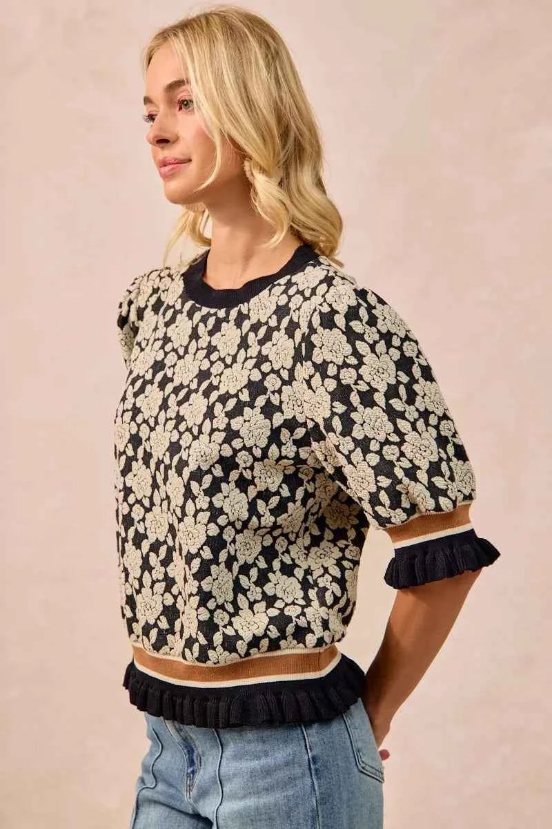 BiBi Textured Rose Knit Top Contrast Banded Puff Sleeve 5ee74929-509e-4d98-8797-c83575564b4e-Max-Origin