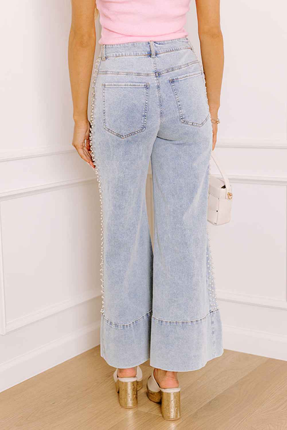 Beau Blue Mid Rise Pearl Embellished Split Wide Leg Jeans 5eed3314c07c852a