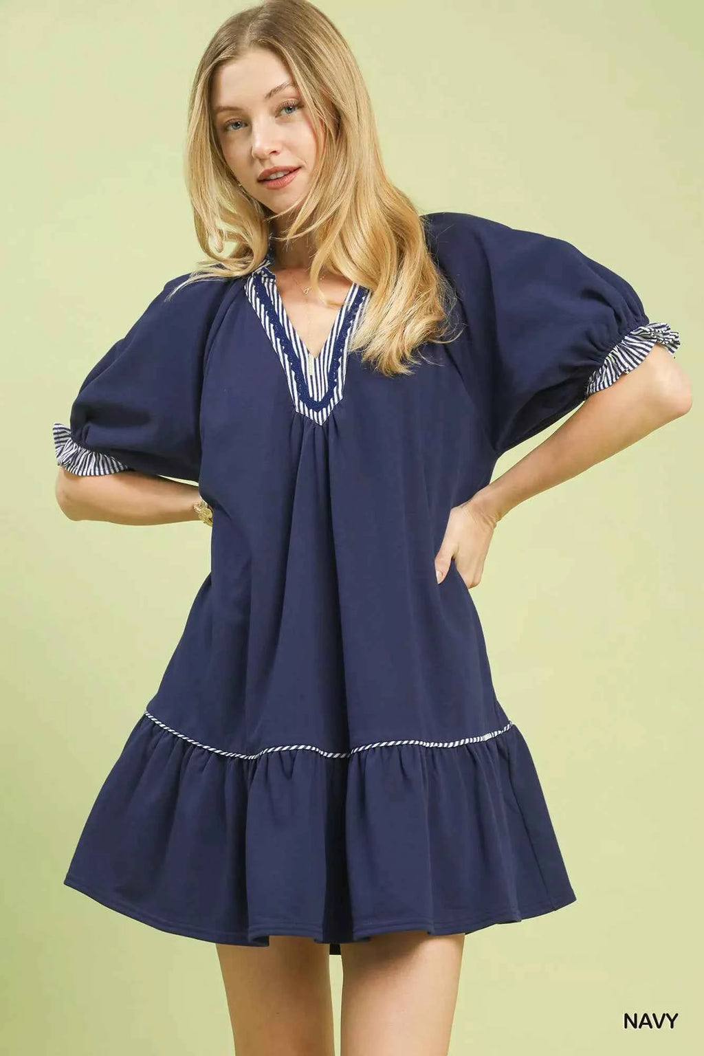 Umgee French Terry Mini Dress with Ruffled Striped Trim NAVY 5ef07cce-3cf8-4483-be21-43c27eb9a18b-Max-Origin