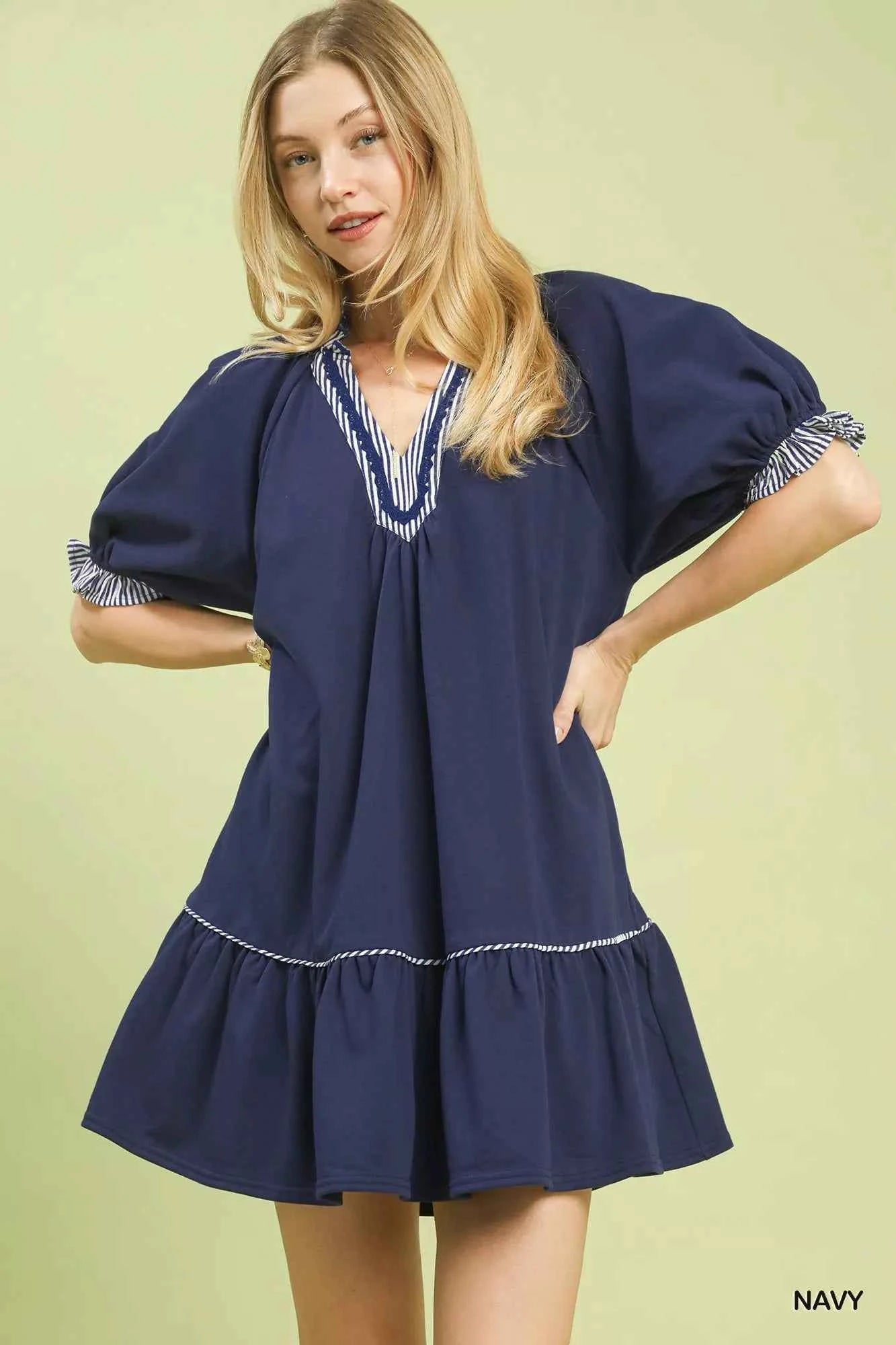 Umgee French Terry Mini Dress with Ruffled Striped Trim NAVY 5ef07cce-3cf8-4483-be21-43c27eb9a18b-Max-Origin