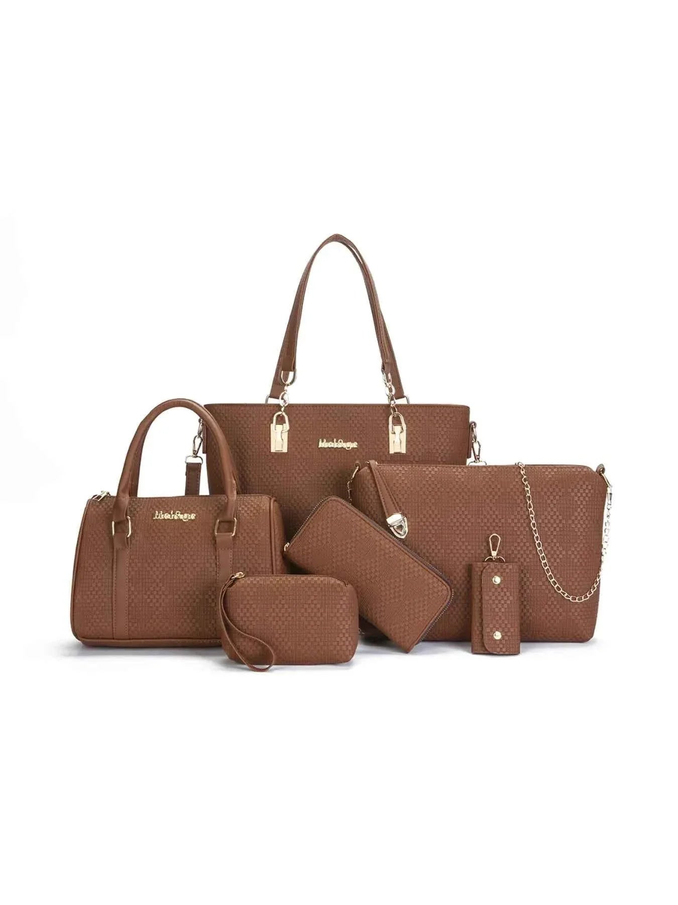 6-Piece Leather Textured Bag Set Brown onesize 5ef78384-6cc8-46c9-90fd-01872faf645a-Max-Origin