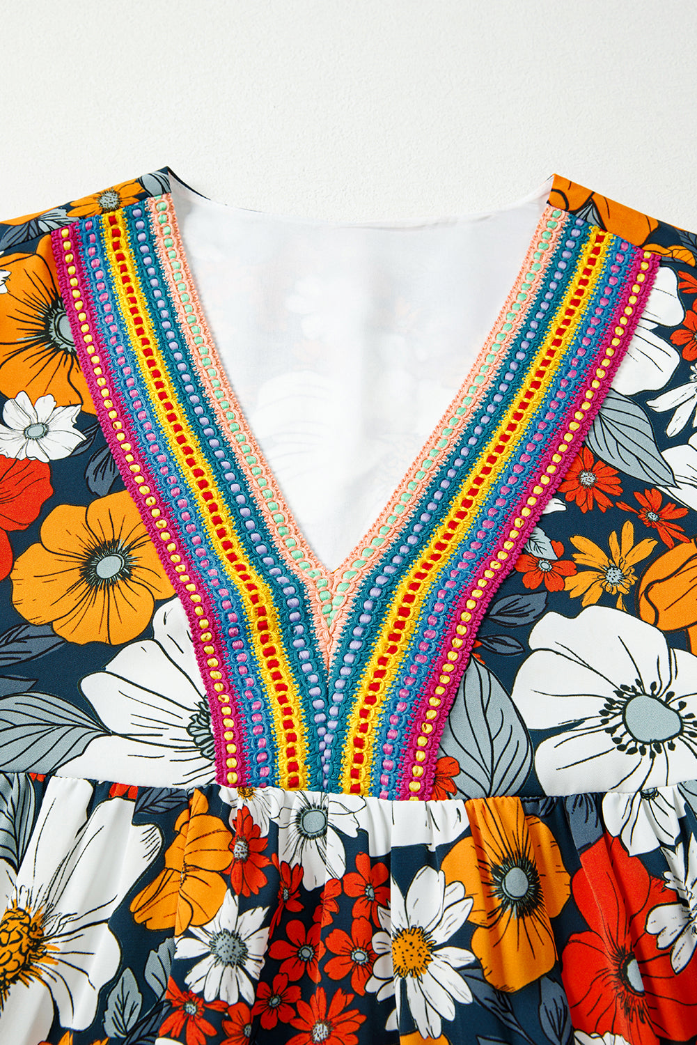 Orange Floral Print Striped Lace V Neck Long Sleeve Mini Dress 5ef9a0bc8712bee8