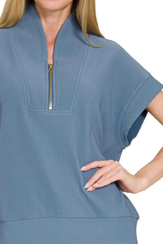 Ribbed High Neck Half Zip Top 5ef9c19f-c726-430a-8b31-c53c1062b028-Max-Origin