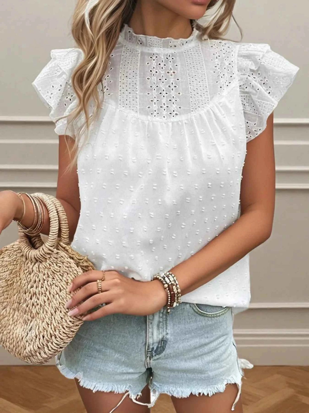 Eyelet Swiss Dot Cap Sleeve Blouse 5effd9d80e7245449b9945e7846f4b40-Max-Origin