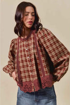 Red Dahlia Plaid Lace Hem Button Down Shirt 5f00ea570a994d70