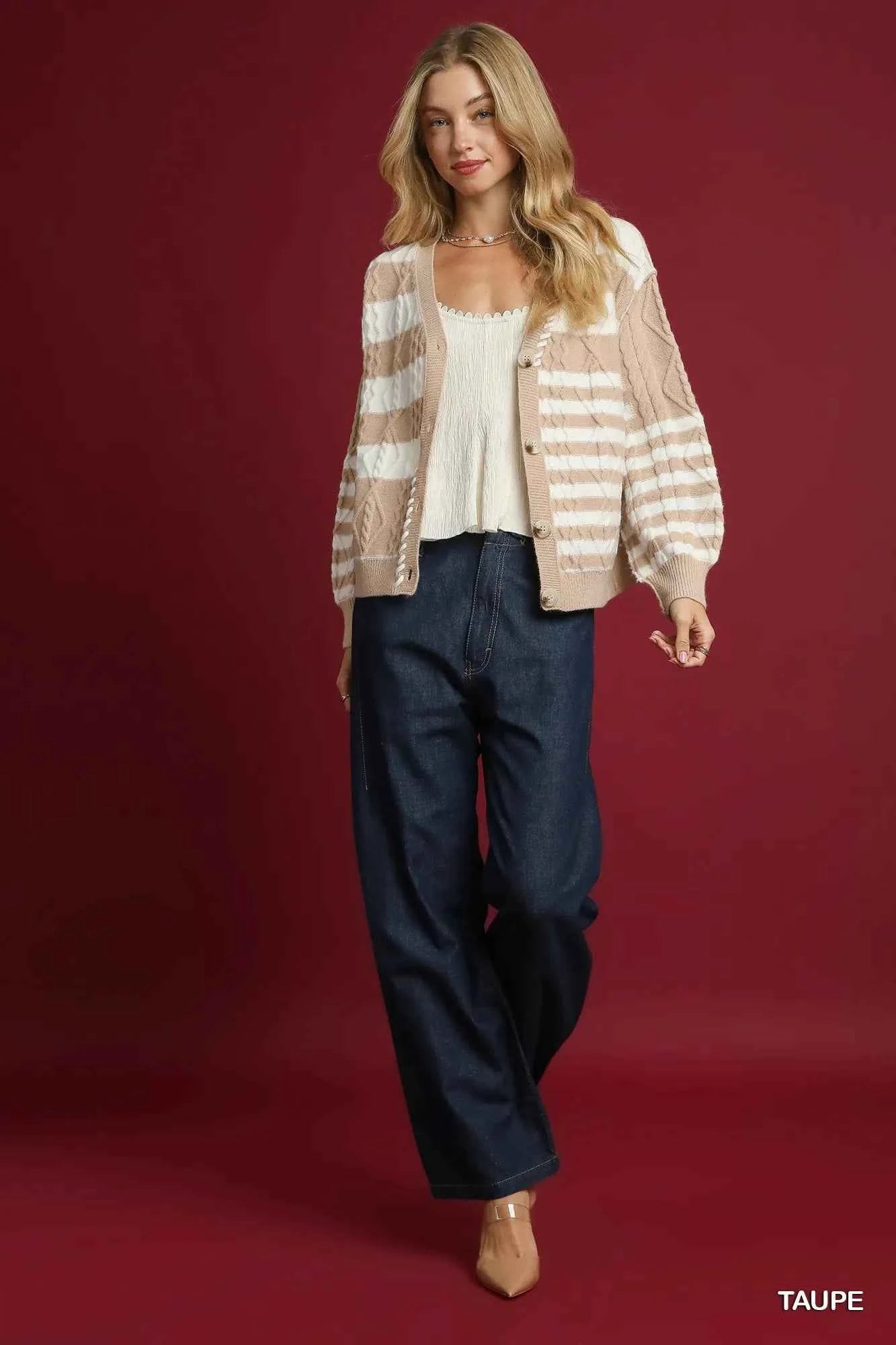 Umgee Cable-Knit Stripe Button-Up Cardigan 5f02b6f3-e79a-4703-add9-9d5de5ffd91f-Max-Origin