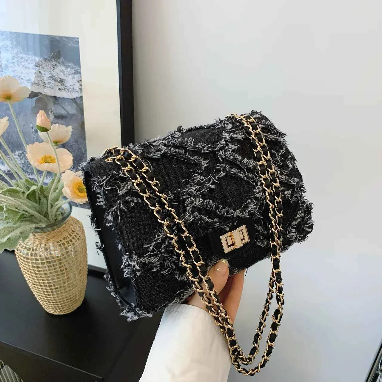 Frayed Edges Chain Crossbody Bag Black onesize 5f04e870191540539b1e054c2249896f-Max-Origin