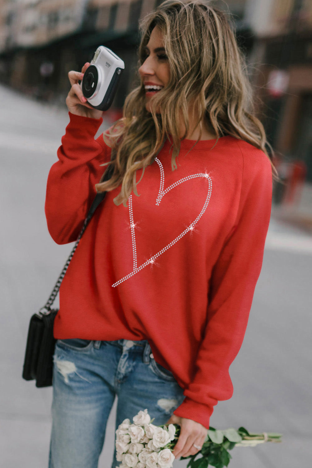 Red Casual Rhinestone Heart Shaped Graphic Sweatshirt 5f0834a3fada0339