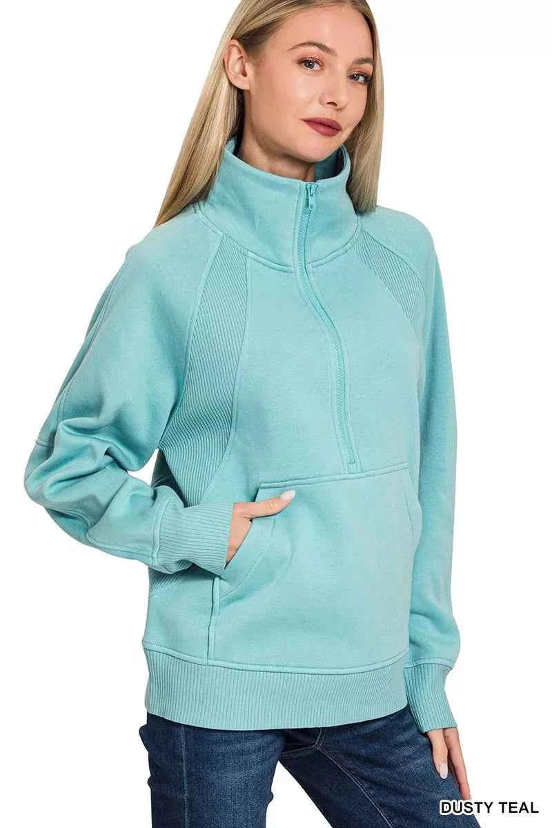 Zenana Half Zip Fleece Sweatshirt with kangaroo Pocket DUSTY TEAL 5f0e488d902c4ec48d7295e44cdc104d-Max-Origin