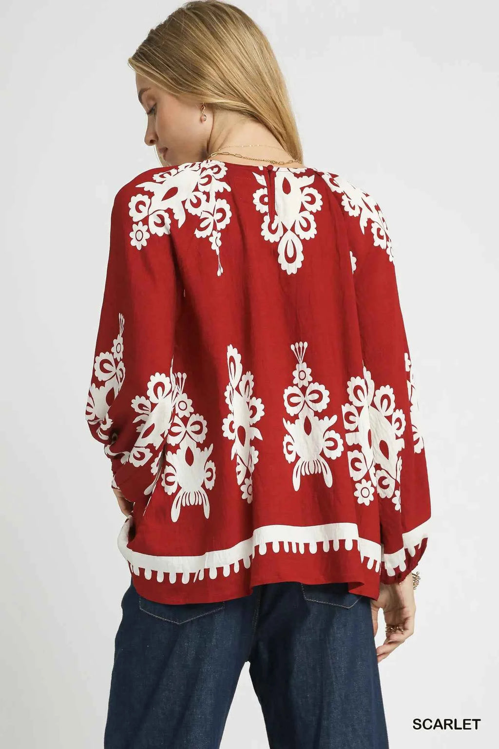 Umgee Two Tone Border Print Top with Balloon Sleeves 5f0fa823-3a9b-49c3-a870-4b93cf4a47a7-Max-Origin