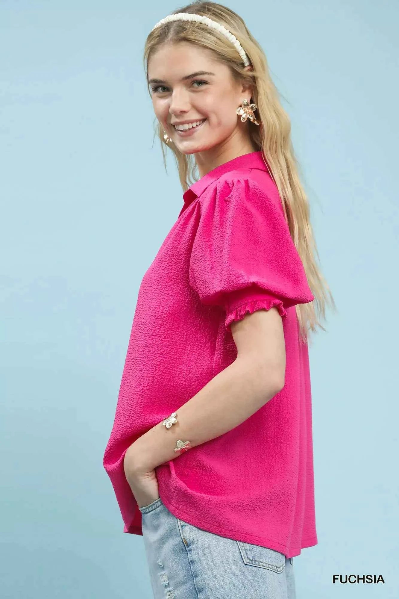 Umgee Seersucker Puff Sleeve Blouse 5f1da4e2-fe07-4449-bd4a-edb7df808410-Max-Origin