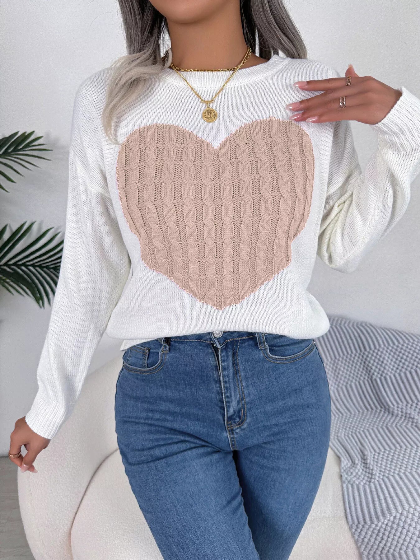 Cable Knit Heart Round Neck Sweater 5f217549eafb493d935c576540f6cd3f-Max-Origin