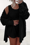Black Shirred Hem Crop Tank Top Loose Shorts Cardigan 3 Piece Pajama Set Black 5f22a4f97672fd70
