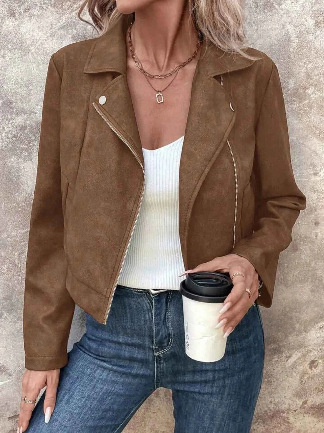 Zip Up Suede Cropped Moto Jacket