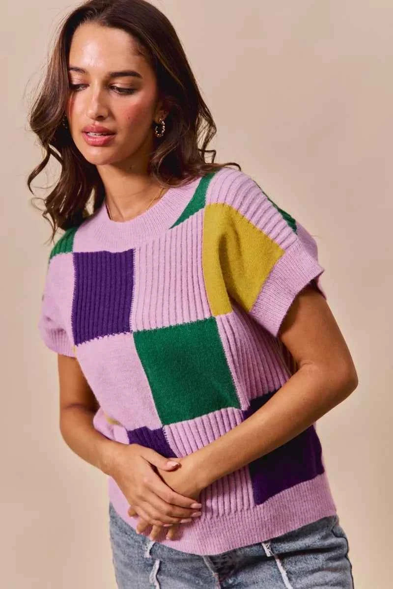 SO ME Mardi Gras Check Plaid Casual Sweater Top 5f28bef08b5a463f832b4037e00afe65-Max-Origin