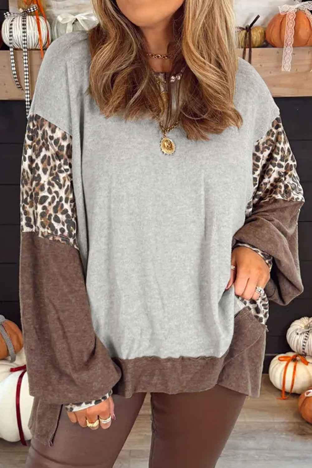 Gray Plus Size Leopard Patchwork Baggy Sweatshirt Gray 75%Polyester+20%Viscose+5%Elastane 5f2ecf0e43f7ce7a