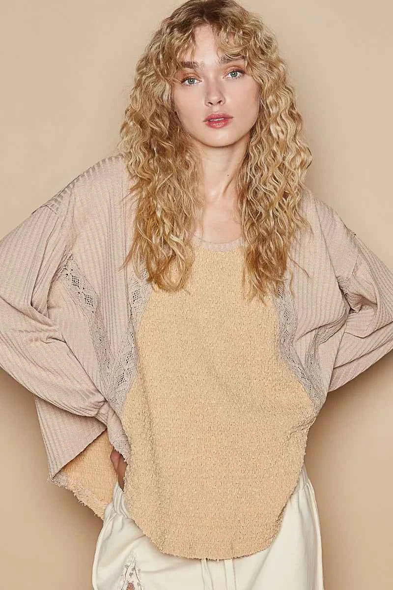 POL Round Neck Lace Detail Oversized Fit Top MOCHA BEIGE 5f2f2c80-2189-484e-abec-46e7f179ad48-Max-Origin