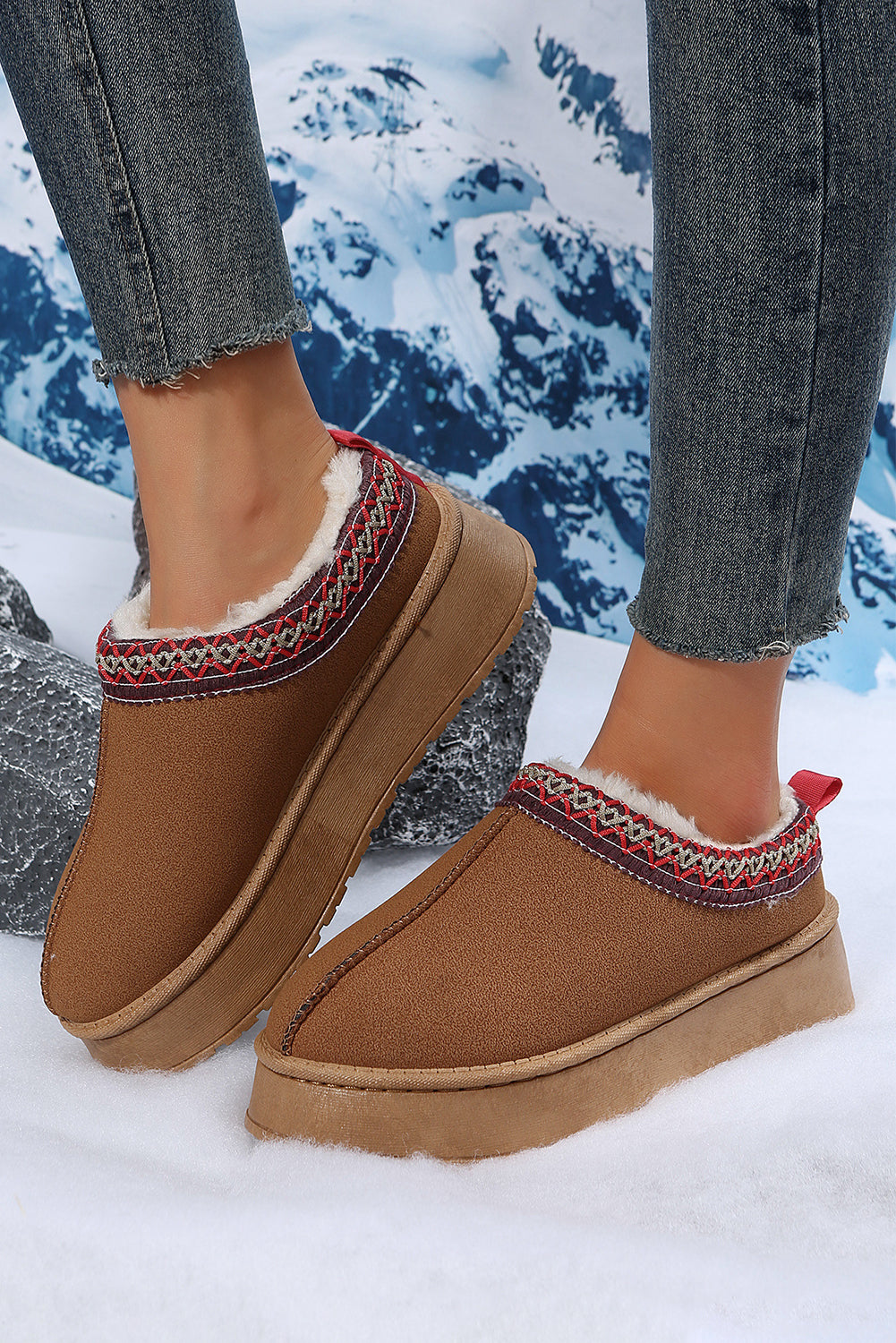 Chestnut Suede Contrast Print Round Toe Plush Lined Flats Chestnut 5f343f3ce58253c0