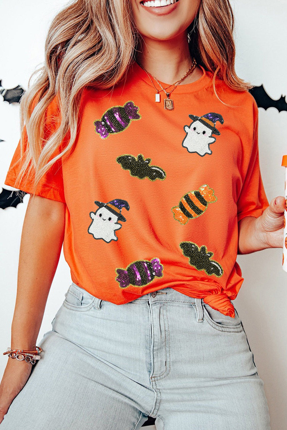 Black Halloween Spirit Pattern Sequins Patch Custom Casual Tee 5f38469493e81c0a