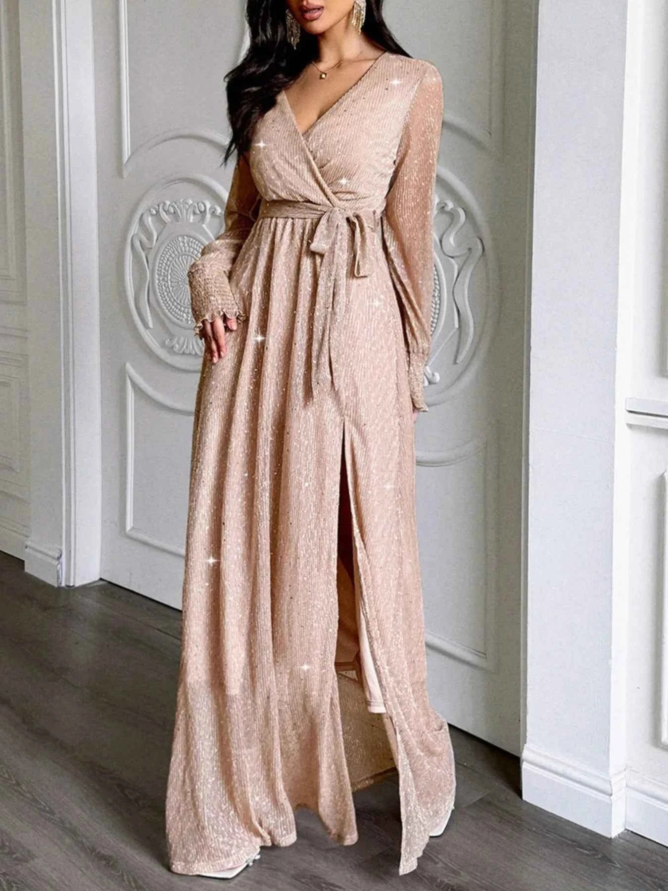 Surplice Slit Tie Waist Maxi Dress Gold 5f3a15d1-49bd-448d-93bf-d3040282063d-Max-Origin