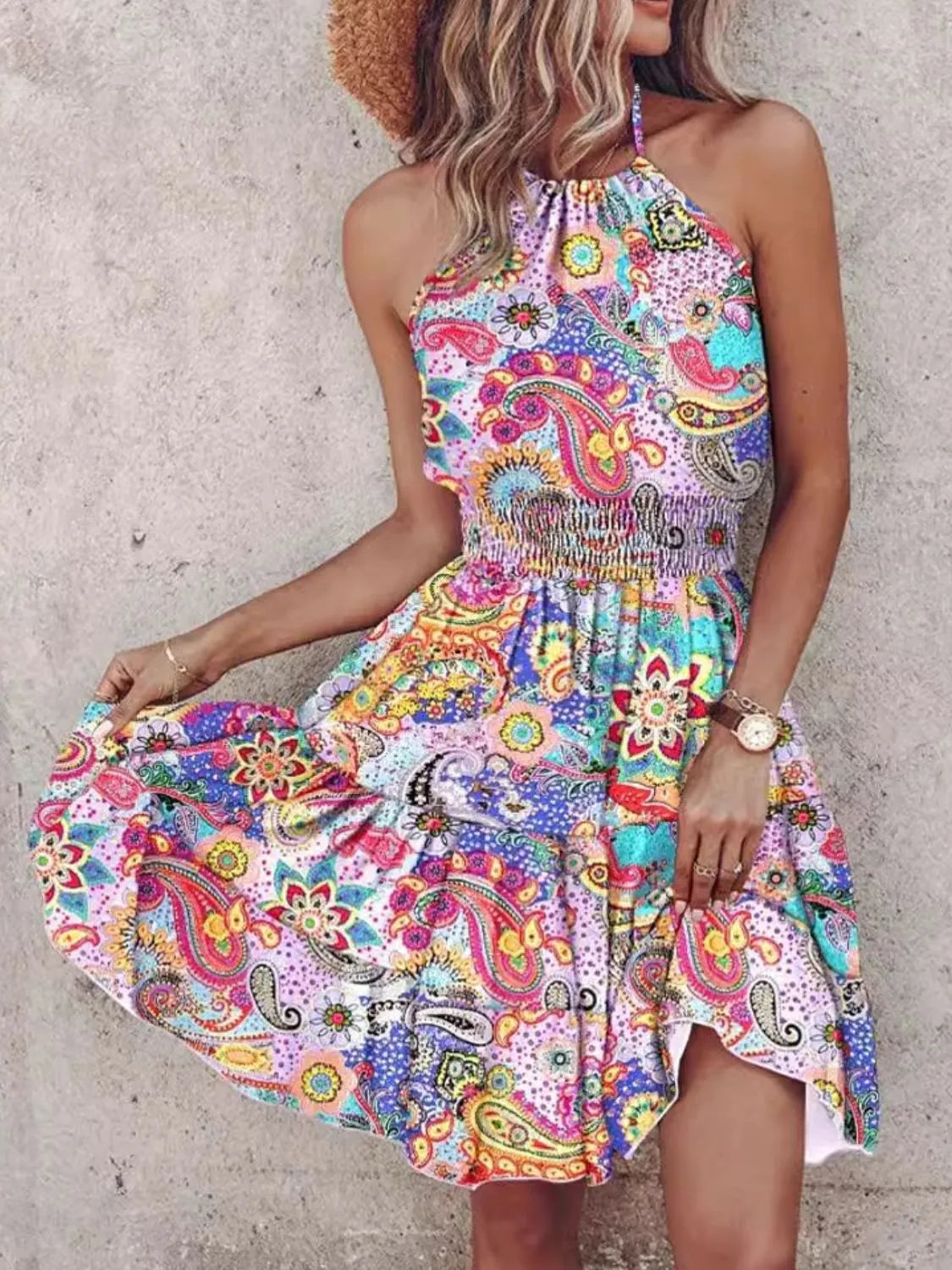 Paisley Print Halter Neck Mini Dress Light Purple 5f3ae5e3-b5eb-4317-956c-0affee8705a9-Max-Origin