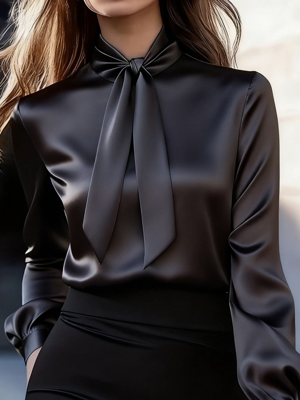 Satin Bow Tie Long Sleeve Blouse 5f4e4319-999f-4d71-b4ea-8432f182c65a-Max