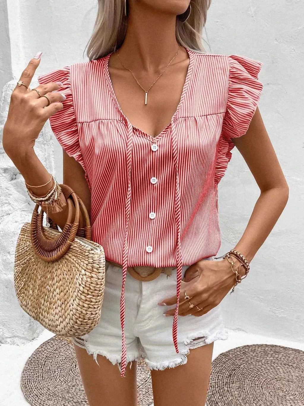 Striped Ruffle Sleeve Tie Front Blouse 5f4ec6c6e83e4ac393da884d0730b74a-Max-Origin