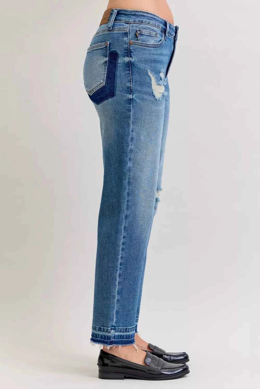 Full Size Mid Rise Bf Patch & Repair Destroy Release Hem Jeans Plus Size 5f5735e62f074a07b0dfa8e35085238b-Max-Origin